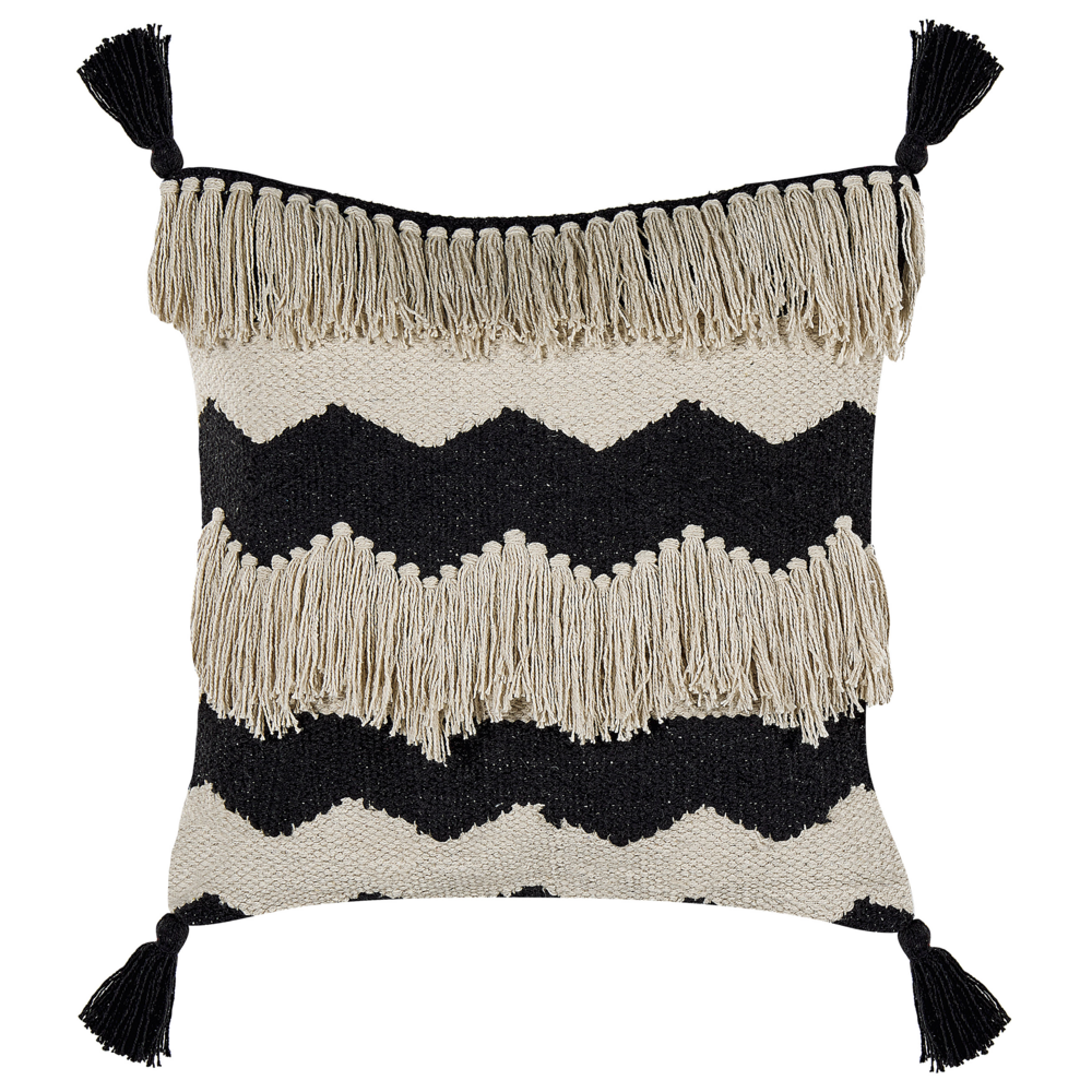 Image of Cuscino decorativo cotone beige e nero, 45 x 45 cm, con nappe, motivo geometrico boho, pezzo di accento fatto a mano