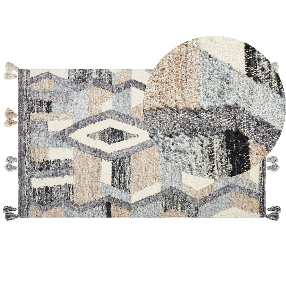 Image of Tappeto Kilim multicolore in lana e cotone 80 x 150 cm Fatto a mano con motivo patchwork boho con frange