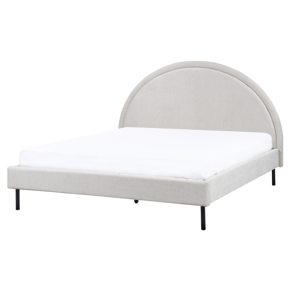 Letto matrimoniale in tessuto grigio imbottito con base a doghe e testiera rotonda 160 x 200 cm minimalista retrò