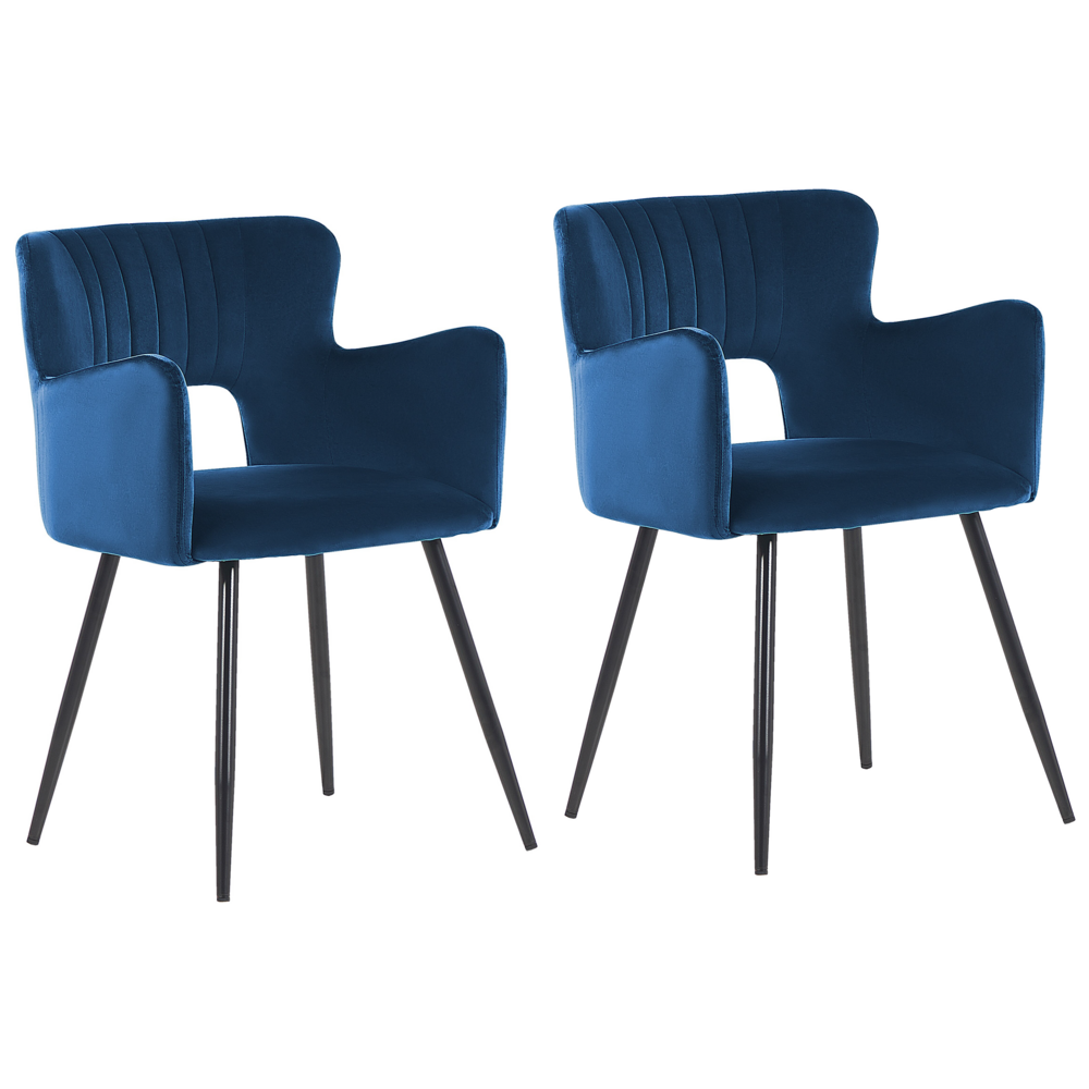 Image of Set di 2 sedie da pranzo velluto blu marino braccioli schienale intagliato gambe in metallo moderna industriale