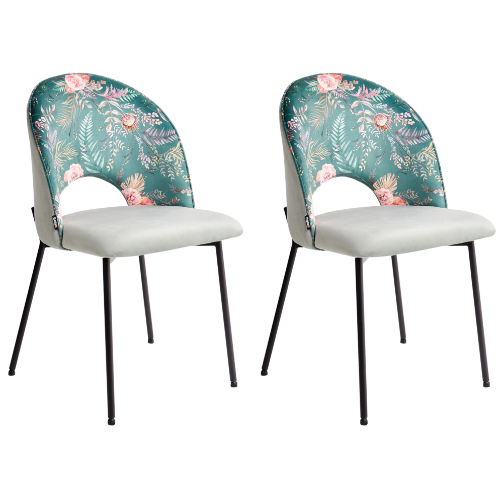 Image of Set di 2 sedie da pranzo tappezzeria in velluto verde motivo floreale gambe nere glamour retrò