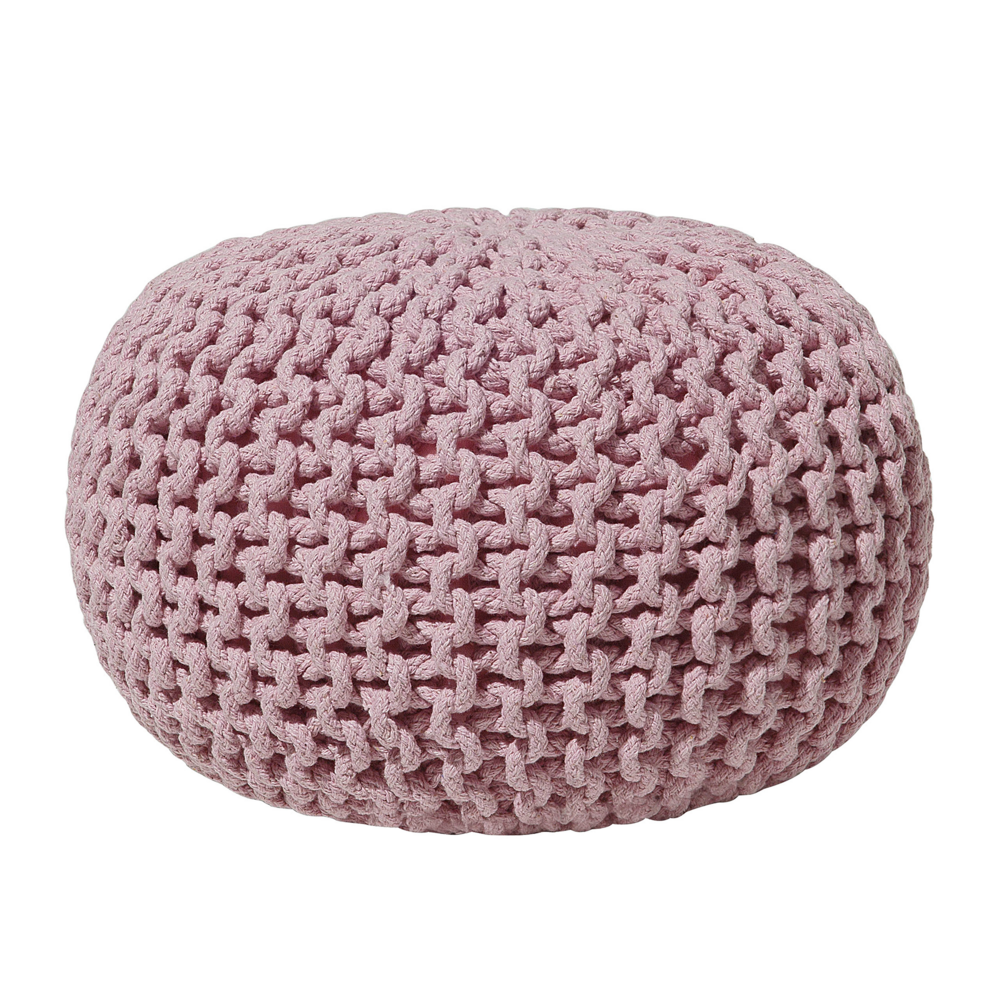 Image of Pouf ottomana rosa in cotone lavorato a maglia perline EPS riempimento rotondo piccolo poggiapiedi 40 x 25 cm