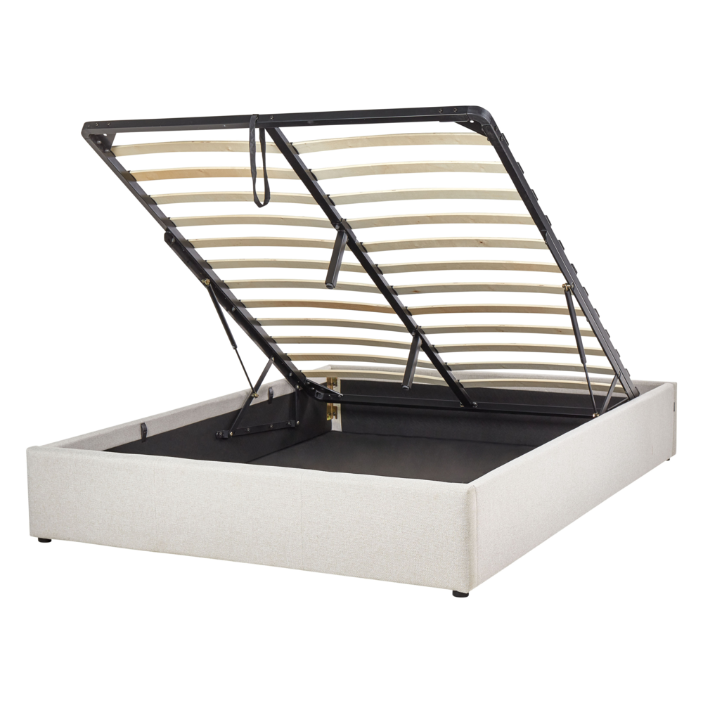 Letto matrimoniale con contenitore in tessuto beige chiaro 140 x 200 cm portaoggetti stile moderno