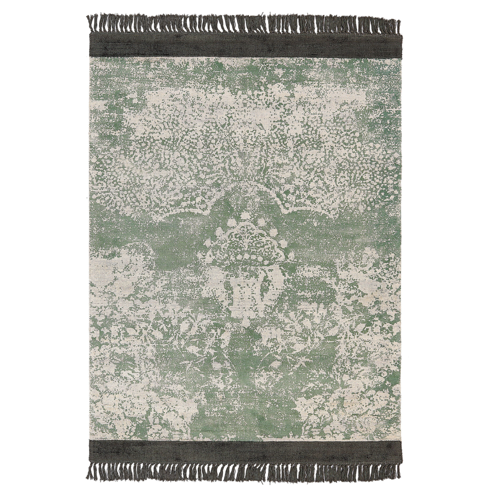 Tappeto vintage in viscosa con frange 140 x 200 cm verde e beige stile classico e retrò camera da letto soggiorno