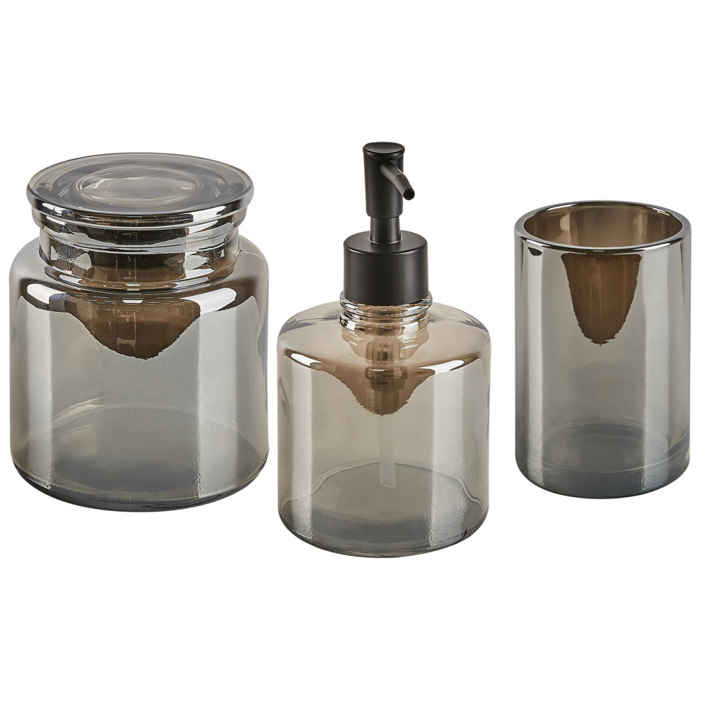 Image of Set di accessori da bagno in 3 pezzi Dispenser di sapone in vetro grigio Glam Portasapone Portaspazzolino Tazza