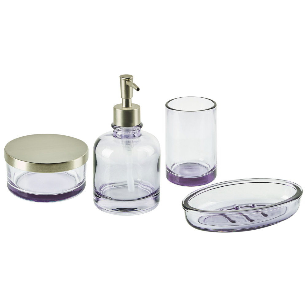 Image of Set di accessori da bagno in 4 pezzi Dispenser di sapone in vetro viola Glam Portasapone Portaspazzolino Tazza