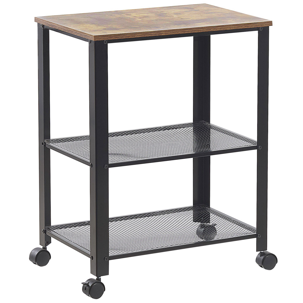 Image of Carrello da Cucina in Legno di Pino Nero 40L x 50L x 86H cm 3 Ripiani Cassetto Posate Portabottiglie Rotelle