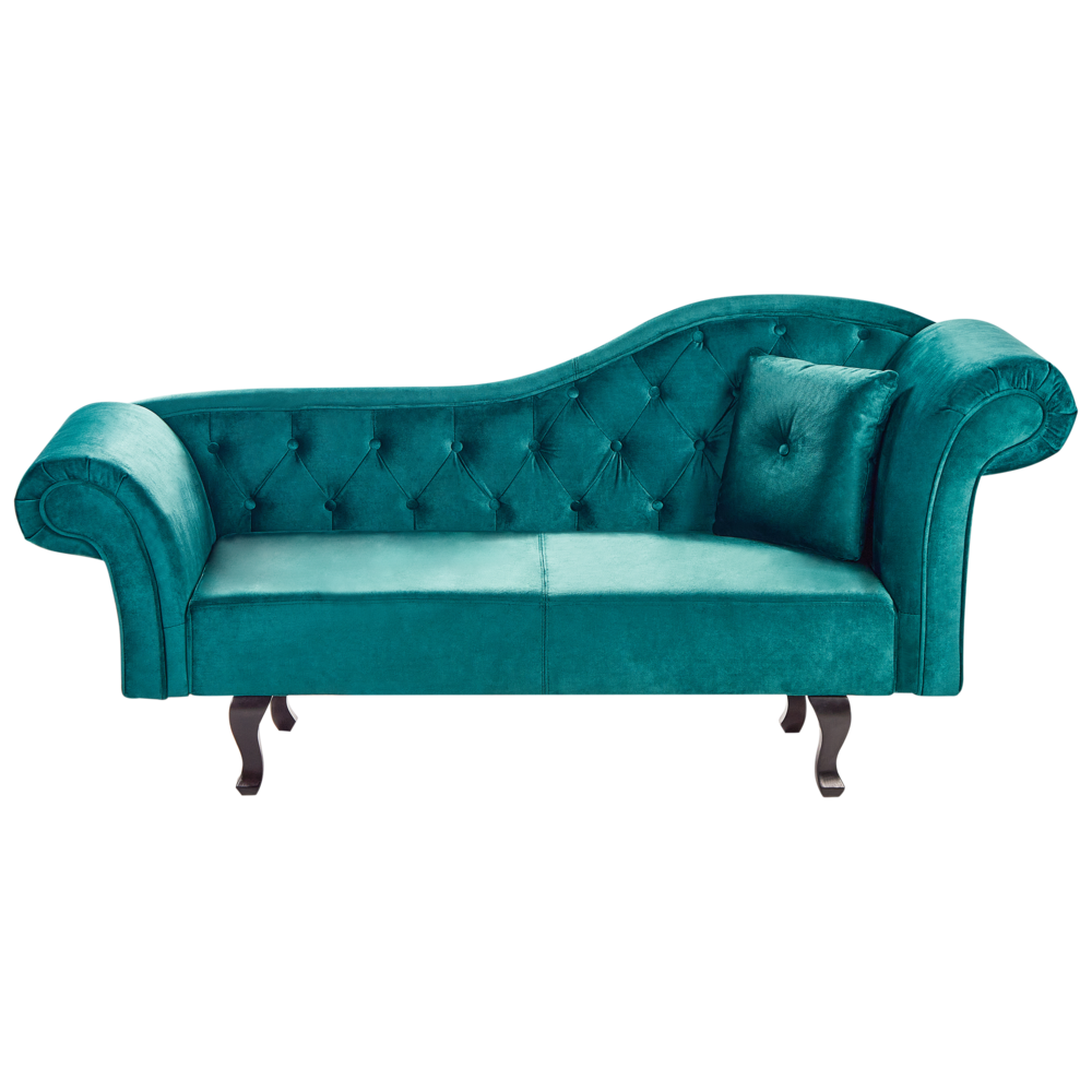 Chaise longue in Velluto Verde Smeraldo Bottone capitonné Tappezzeria versione destra con Cuscino