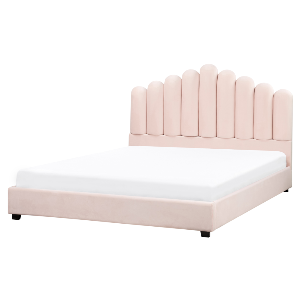 Letto matrimoniale velluto rosa 160 x 200 cm testata alta a conchiglia stile retrò