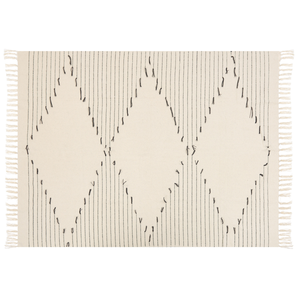 Image of Coperta in cotone bianco e nero 130 x 170 cm con motivo a righe e frange decorative, fatta a mano.