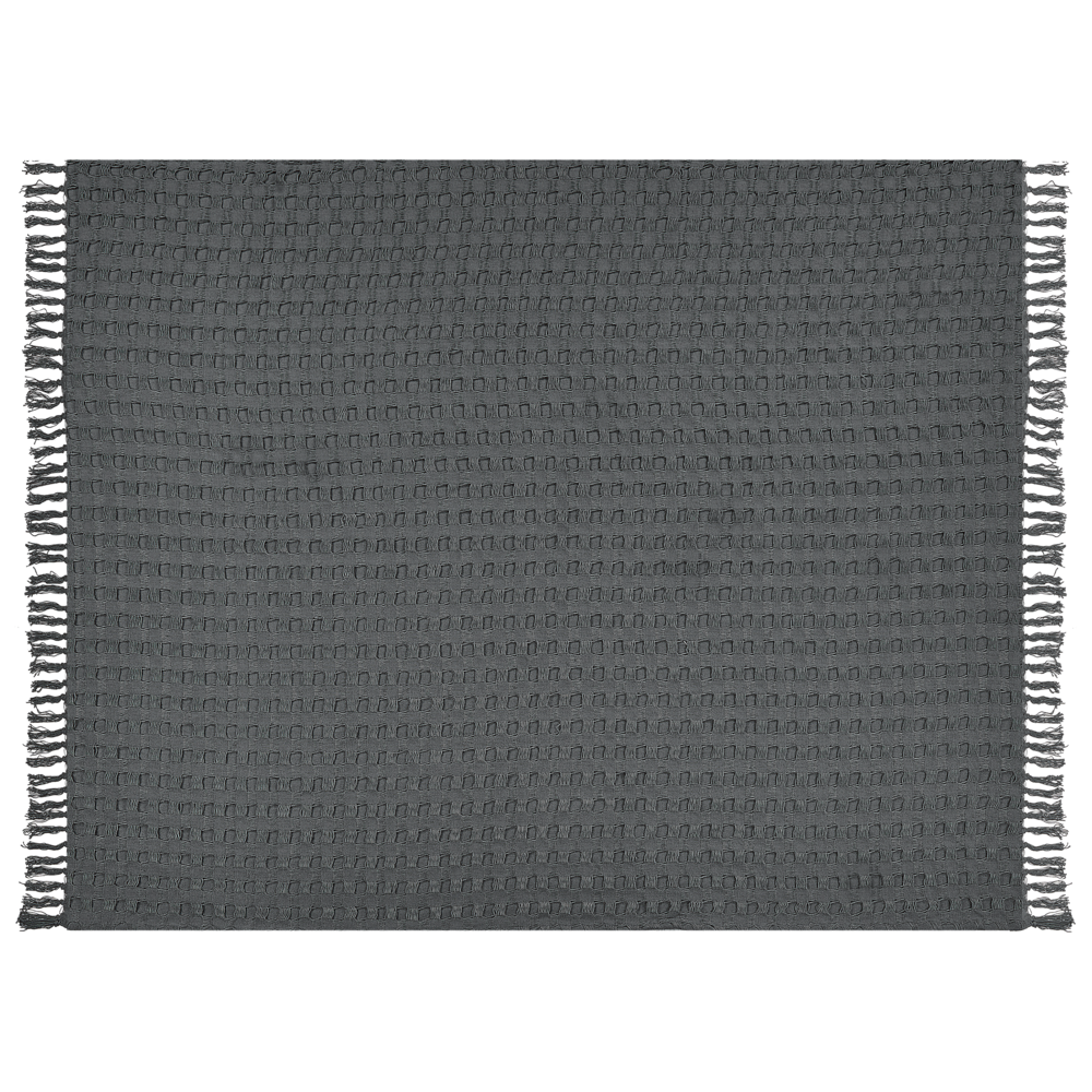 Image of Copriletto in tessuto di cotone grigio scuro 150 x 200 cm con frange Coperta decorativa Biancheria da letto design classico Camera da letto