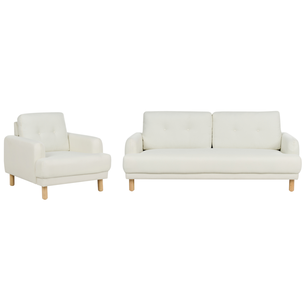 Set da salotto composto da divano a 3 posti e poltrona gambe in legno seduta spessa con rivestimento in tessuto bianco sporco soggiorno retrò classico