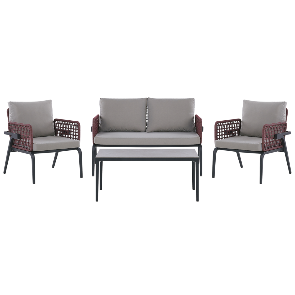 Image of Set Divano da Esterno Grigio per 4 Persone Struttura in Alluminio Divano Poltrone con Cuscini in Tessuto Tavolino Design Moderno