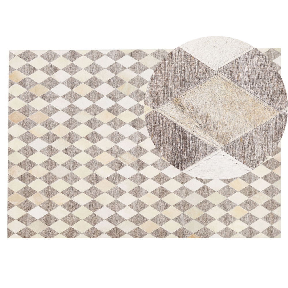 Image of Tappeto tappetino Pelle di vacchetta jacquard marrone e beige Motivo geometrico a rombi Retro 140 x 200 cm