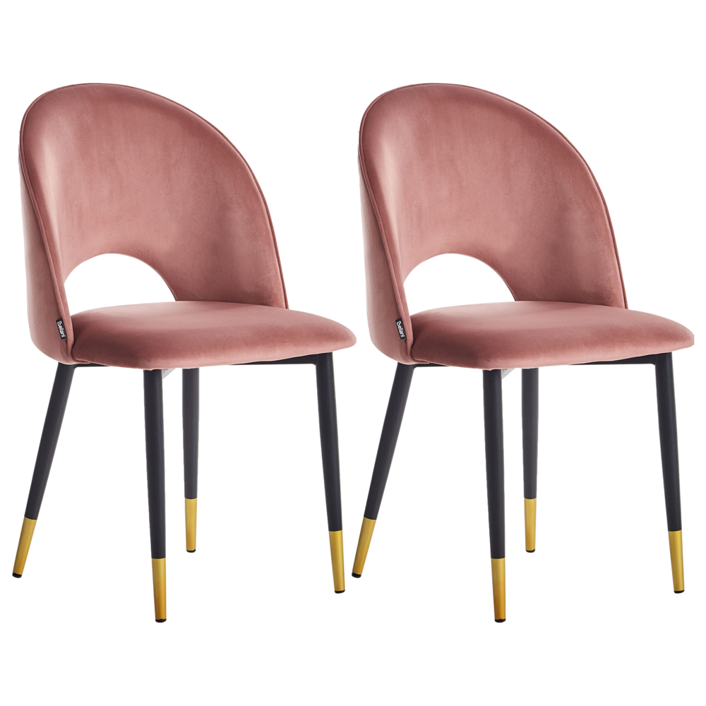 Image of Set di 2 sedie da pranzo rivestimento in velluto rosa gambe nere stile glamour retrò