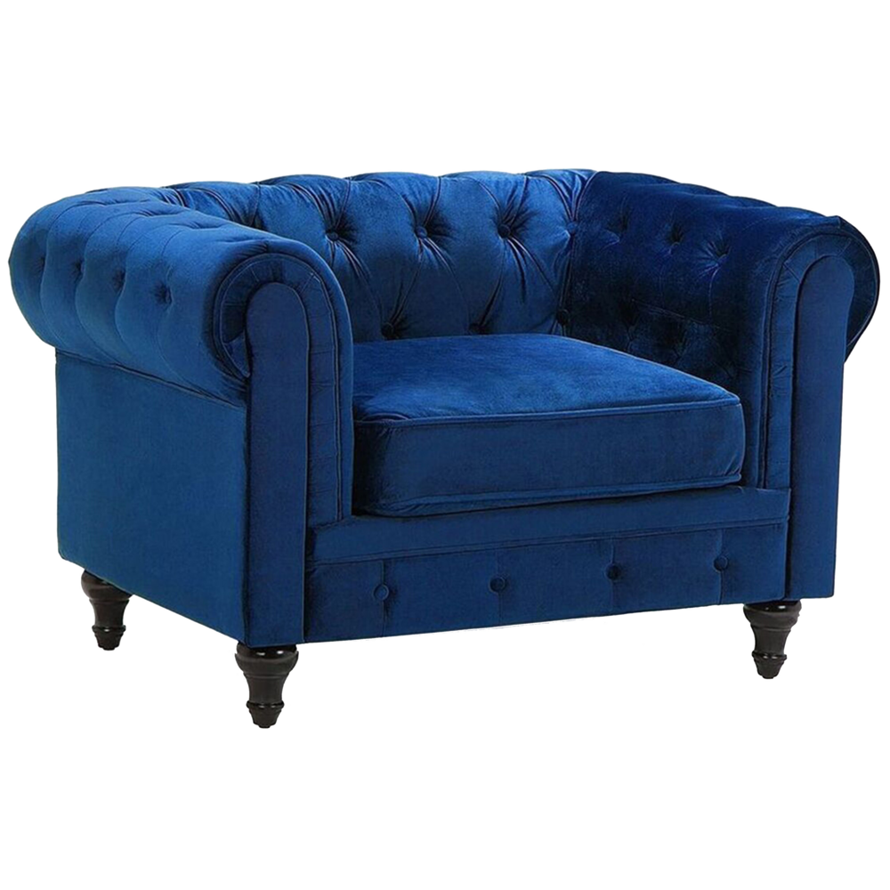 Image of Poltrona Chesterfield Rivestimento in Tessuto Velluto Blu Gambe in Legno Scuro Contemporaneo