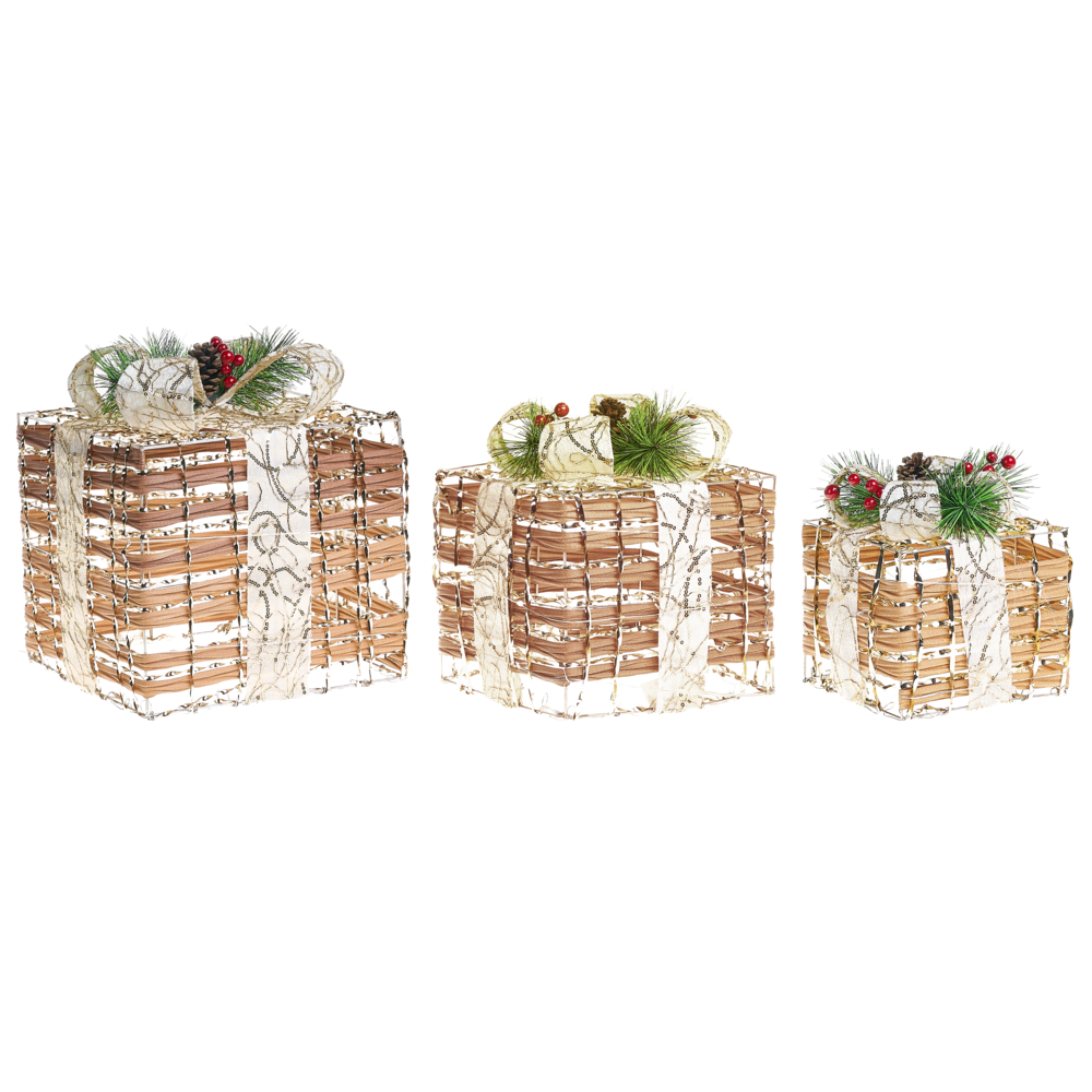 Set di 3 scatole regalo decorative natalizie con luci LED bianche calde Fiocchi Decorazioni natalizie per interni Marrone