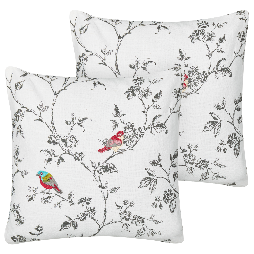 Image of Set di 2 cuscini in cotone ricamato con motivo di uccelli 45 x 45 cm Bianco camera da letto soggiorno