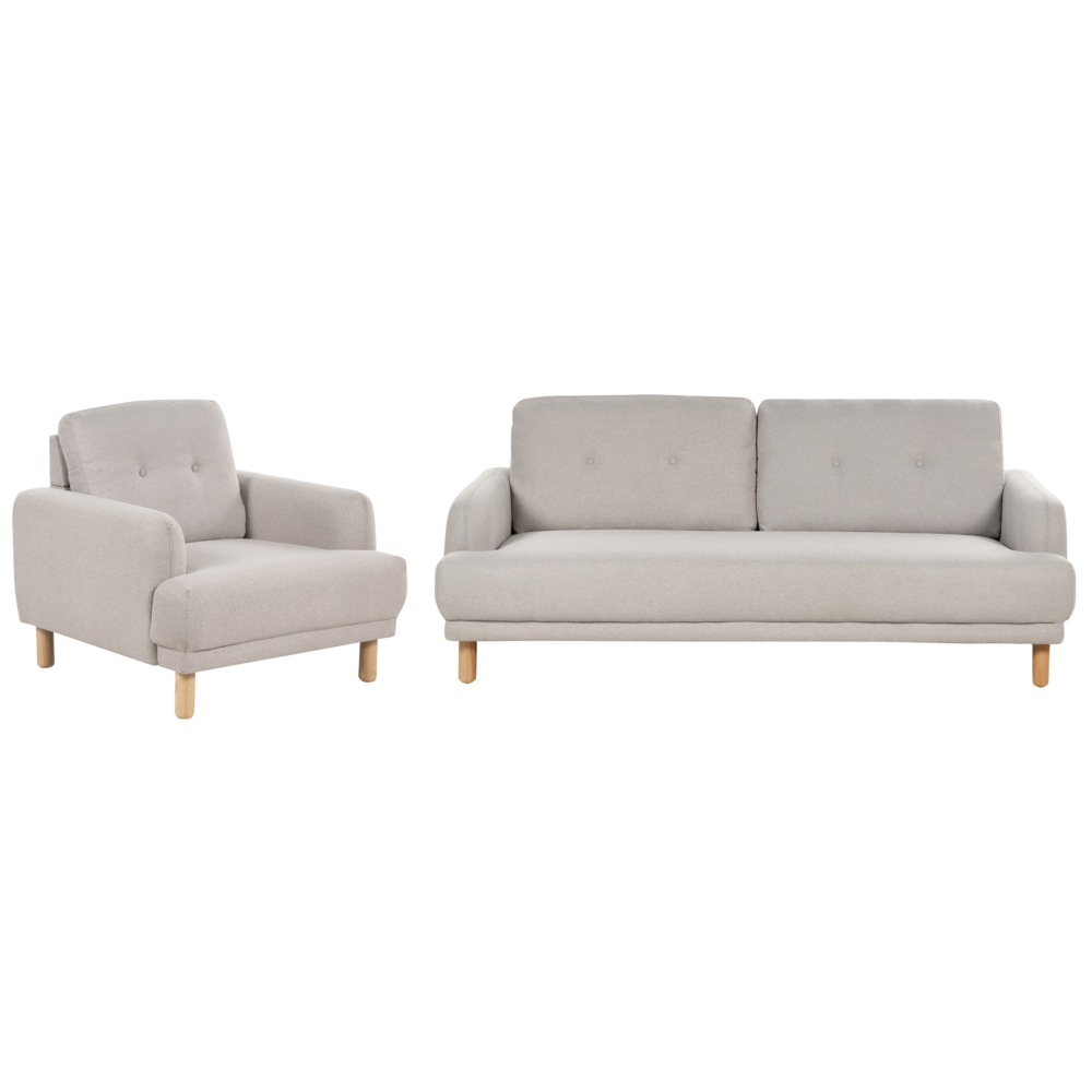 Set da salotto composto da divano a 3 posti e poltrona gambe in legno seduta spessa con rivestimento in tessuto tortora soggiorno retrò classico