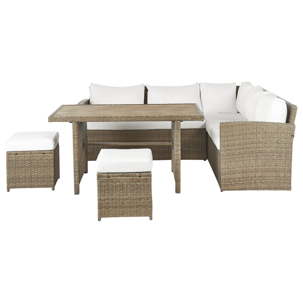 Image of Set divano ad angolo da giardino marrone Rattan Sintetico bianco cuscini divano a 5 posti tavolo 2 ottomani set da pranzo all&#39;aperto