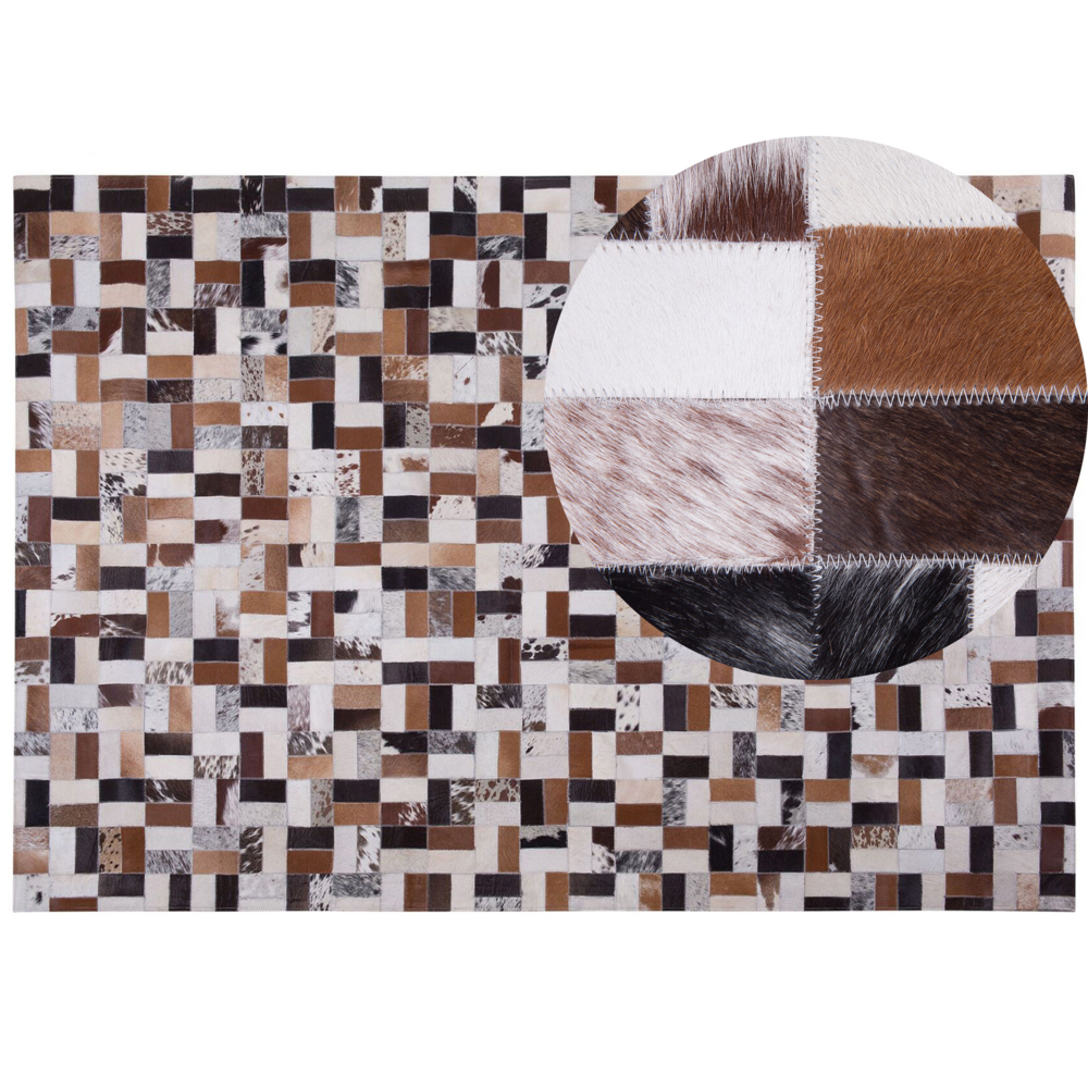 Image of Tappeto tappetino Pelle Bovina Marrone e Beige 160 x 230 cm Rettangolare Patchwork Fatto a Mano
