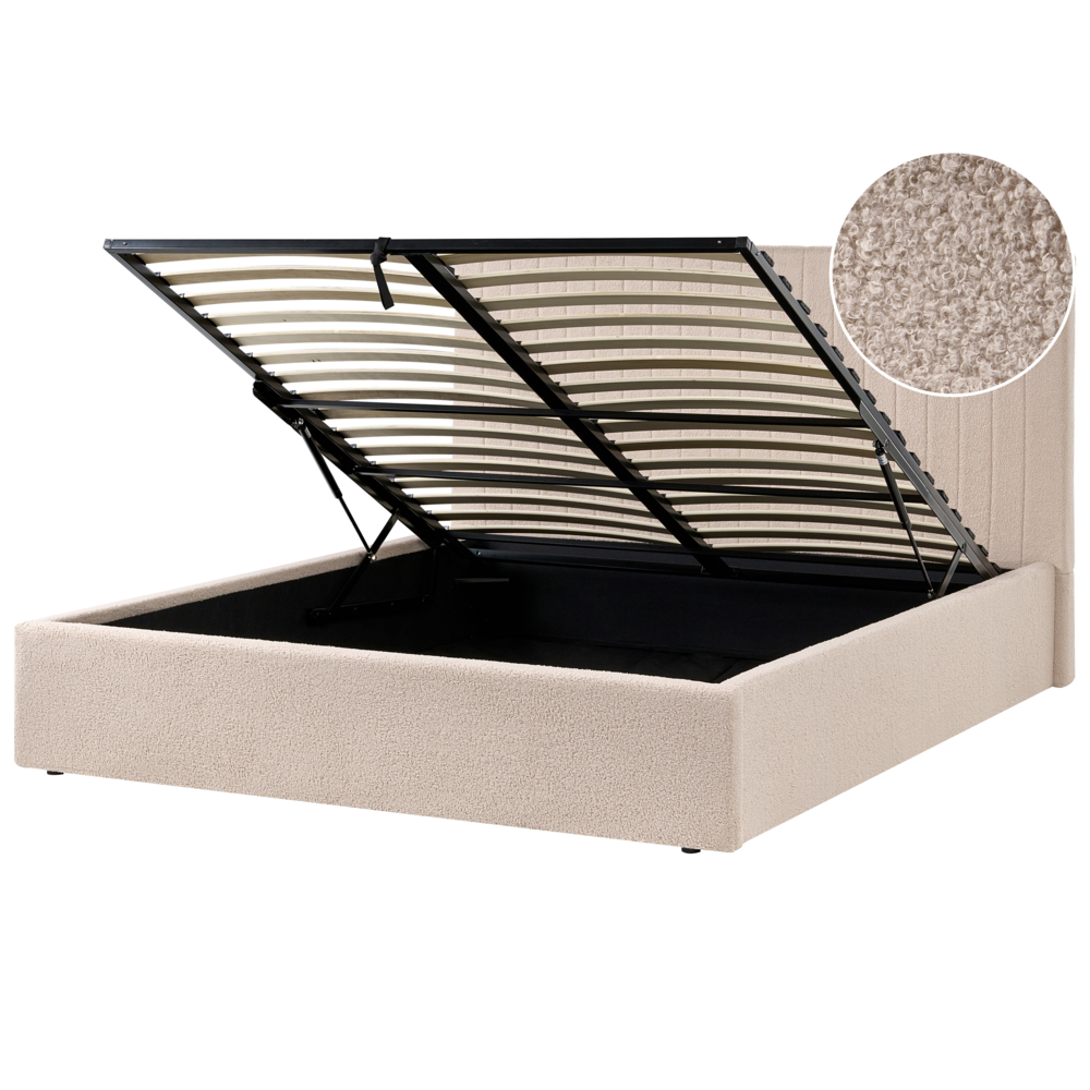 Letto matrimoniale Rivestimento bouclé beige 160 x 200 cm Testiera trapuntata Funzione contenitore