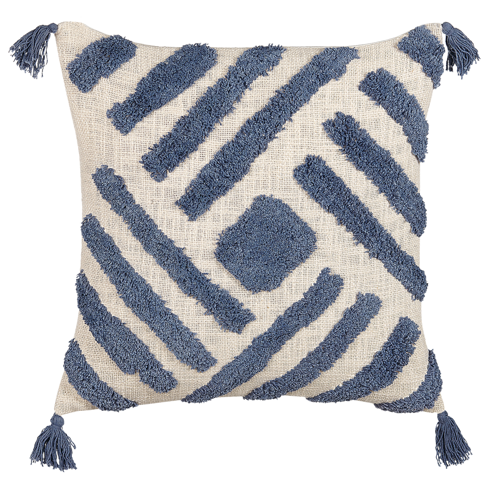 Image of Cuscino decorativo cotone beige e blu 45 x 45 cm motivo geometrico nappe rivestimento sfoderabile con imbottitura boho