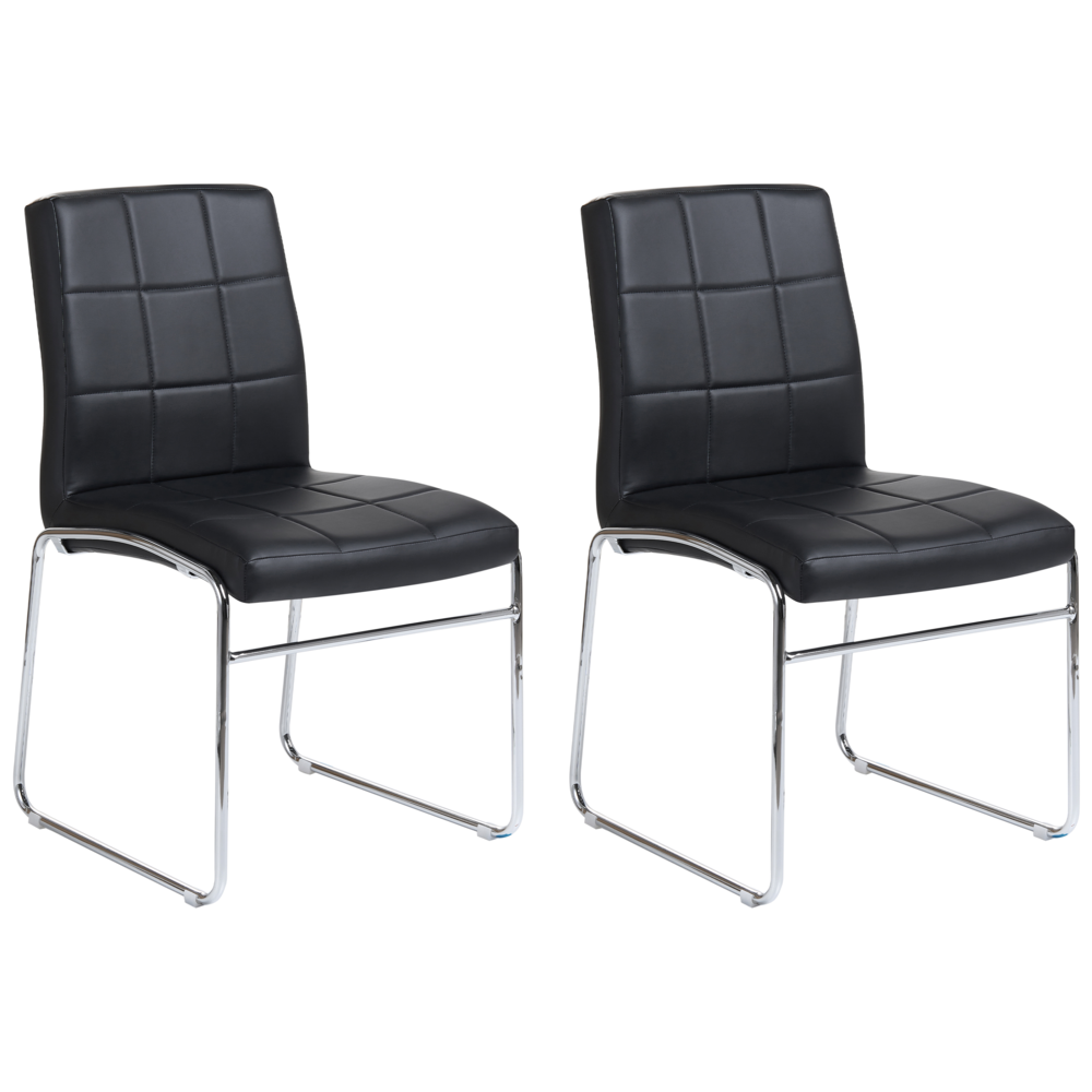 Set di 2 Sedie da Pranzo in Ecopelle Nera Gambe in Metallo Cromato Moderne