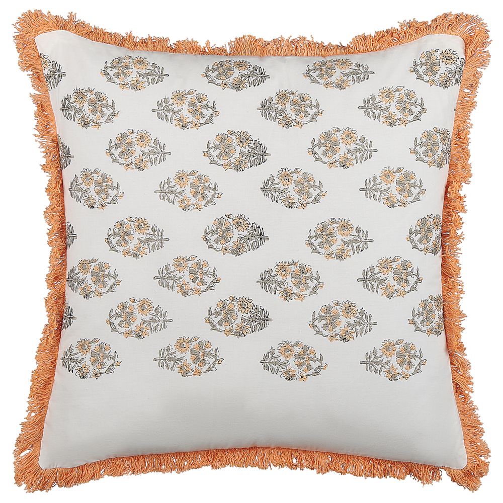 Image of Cuscino decorativo cotone bianco e arancione 45 x 45 cm motivo floreale nappe fatto a mano rivestimento sfoderabile con imbottitura boho style