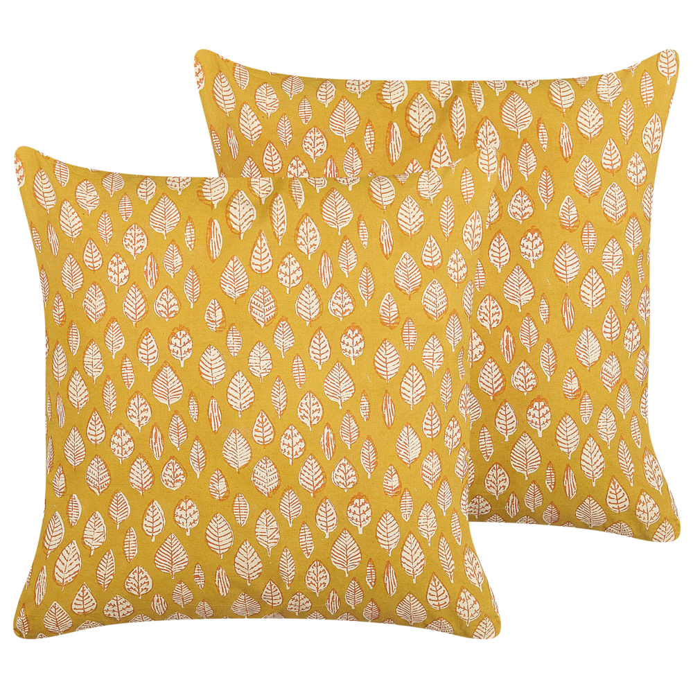 Image of Set di 2 cuscini decorativi motivo foglia di cotone 45 x 45 cm nappe decorative rivestimento sfoderabile accessori decorativi