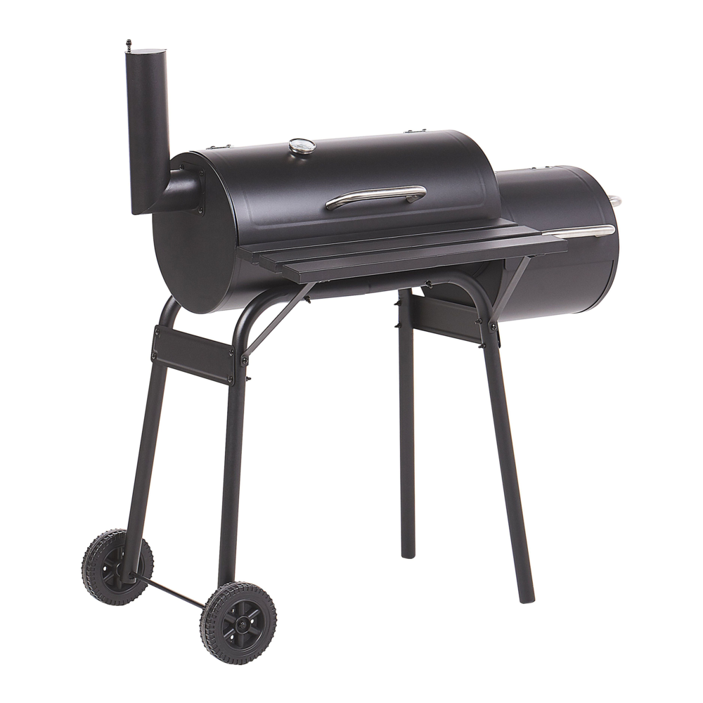 Image of Griglia per barbecue a carbonella in acciaio Nero con coperchio con ruote Griglia di cottura con ripiano affumicatore sfalsato