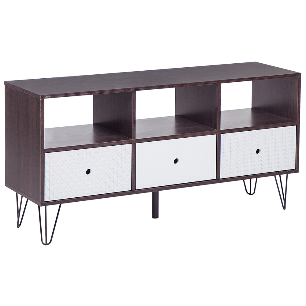 Mobile TV in legno scuro con bianco per TV fino a 50ʺ con ripiani a 3 cassetti