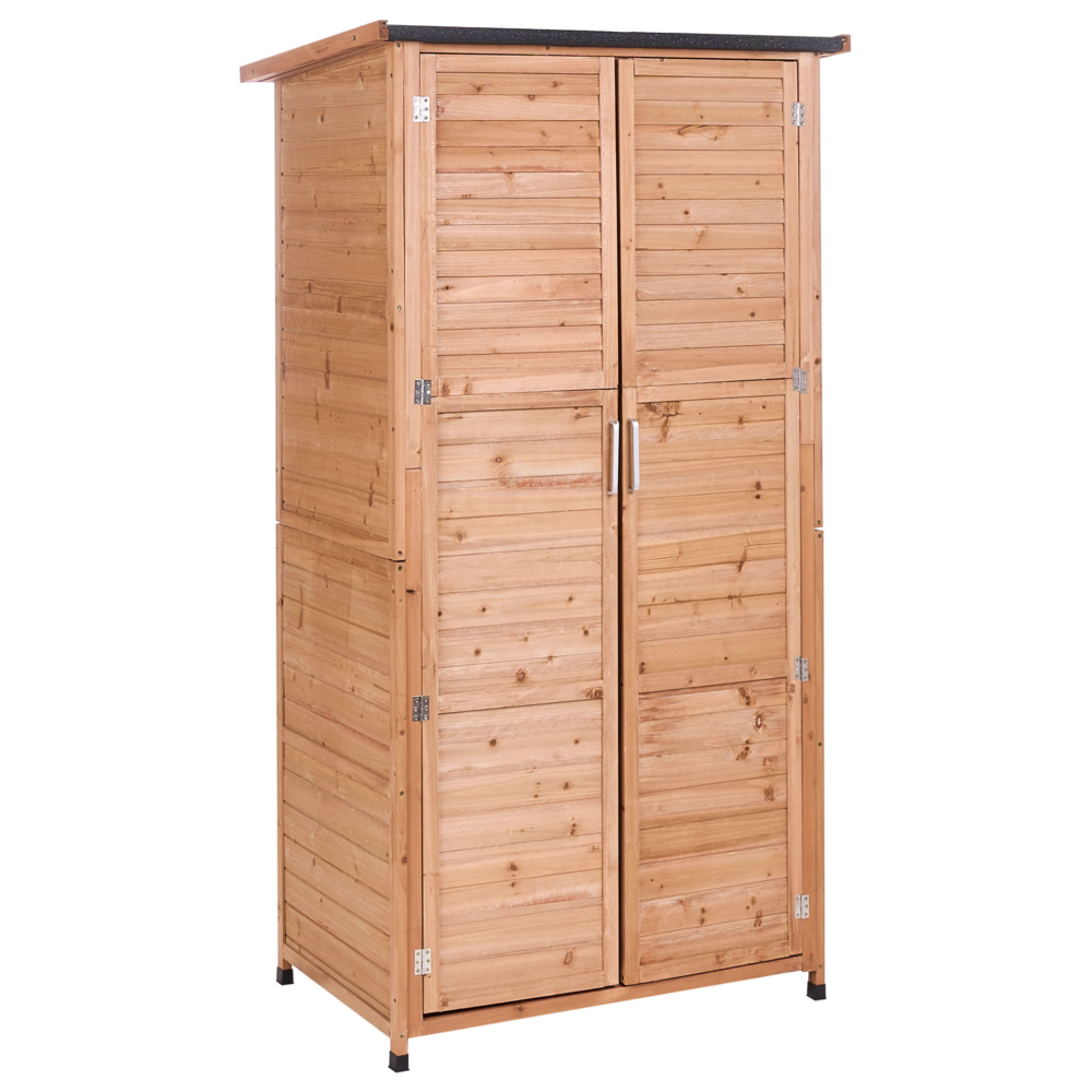 Casetta da giardino per esterni in legno di abete marrone chiaro con ante e ripiani. Struttura stabile. Resistente alle intemperie.