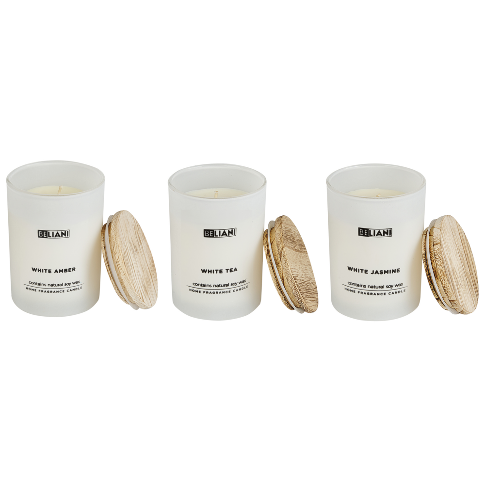 Image of Set di 3 candele profumate multicolore 100% cera di soia stoppino di cotone vetro bianco fragranza ambra bianca/tè bianco/gelsomino bianco
