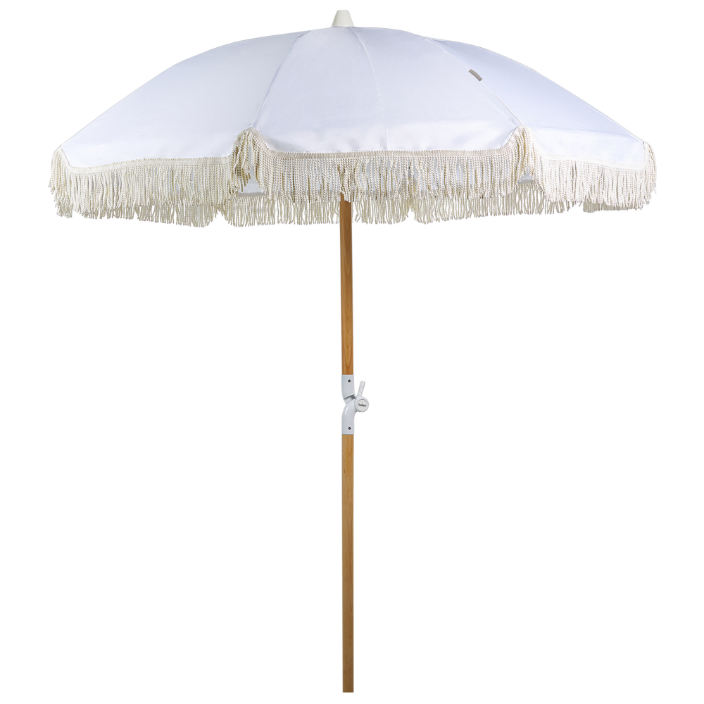 Ombrellone giardino tessuto bianco palo in legno faggio 150 cm Ombrellone esterno rotondo giardino retrò inclinabile resistente ai raggi UV