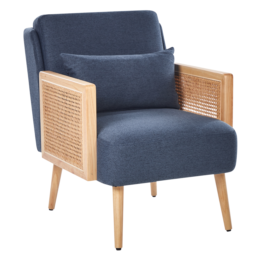 Image of Poltrona Blu Poliestere Struttura in legno con intreccio in rattan Gambe in legno Tappi delle gambe in plastica con cuscino Stile tradizionale Soggiorno Camera da letto