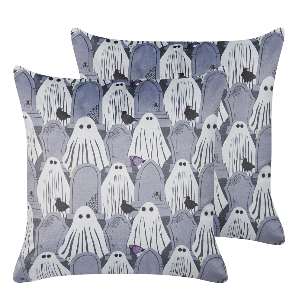 Image of Set di 2 cuscini decorativi in velluto grigio fantasmi 45 x 45 cm quadrati moderni accessori per la decorazione autunnale di Halloween
