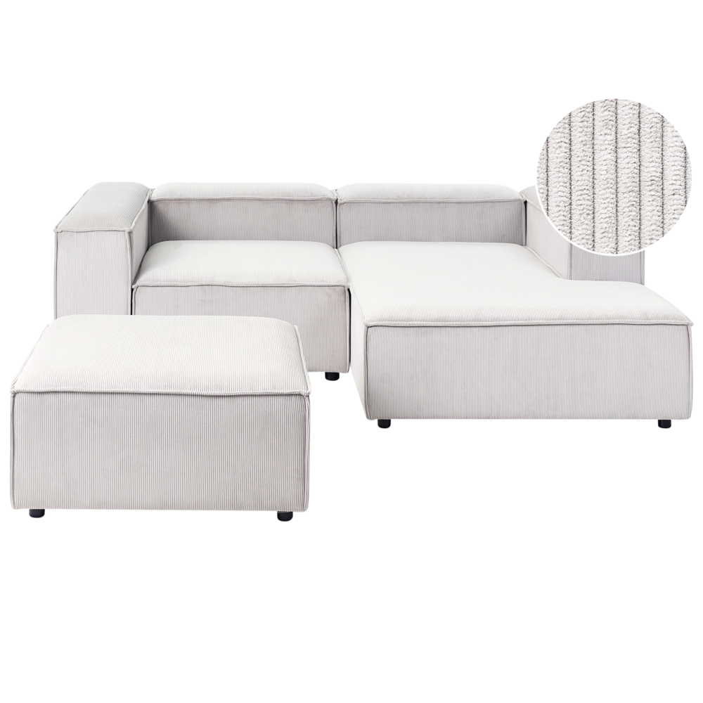 Divano angolare modulare velluto a coste bianco sporco 3 posti lato sinistro con pouf soggiorno moderno
