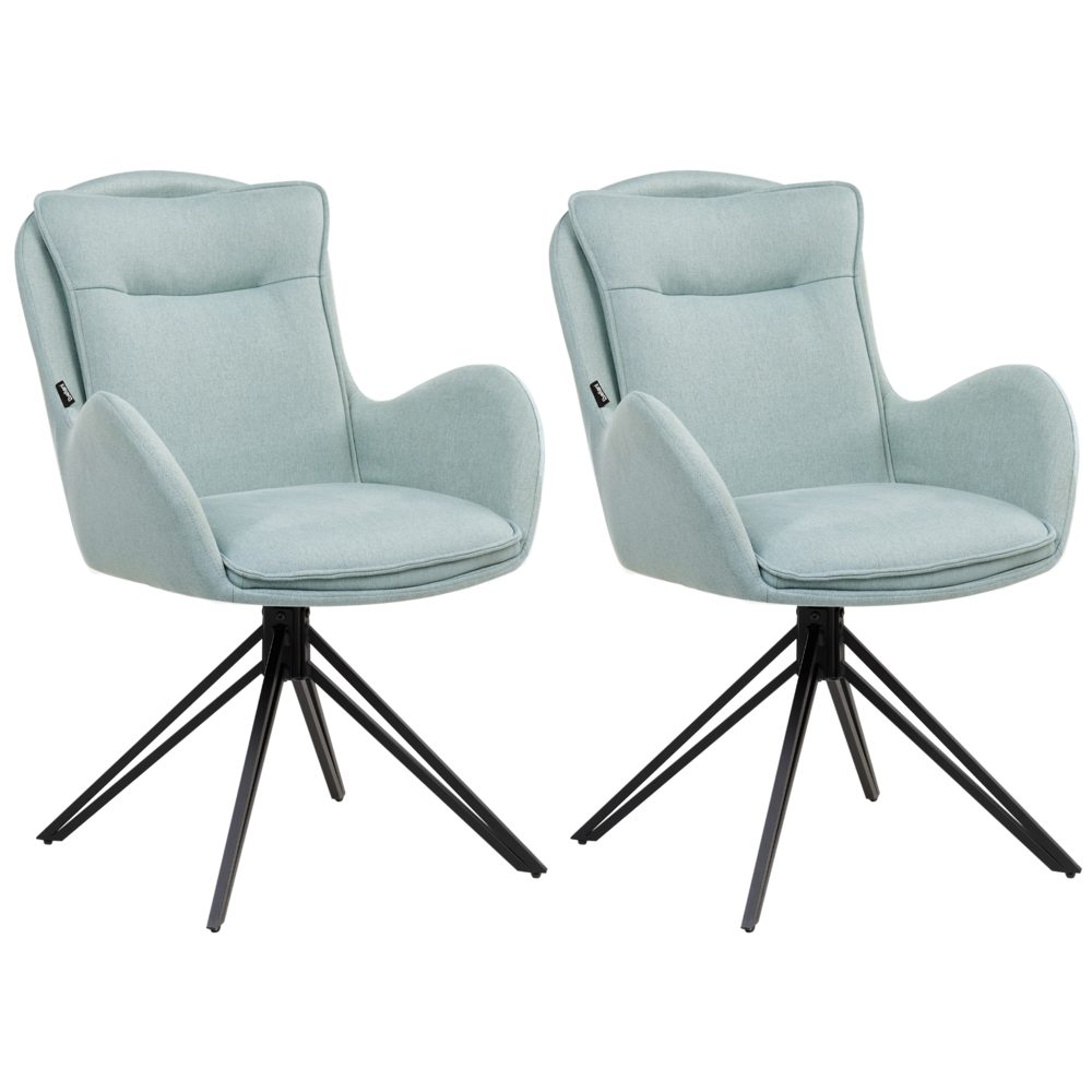Image of Set di 2 sedie girevoli da pranzo in tessuto color menta con braccioli, schienale trapuntato e gambe in metallo nero.
