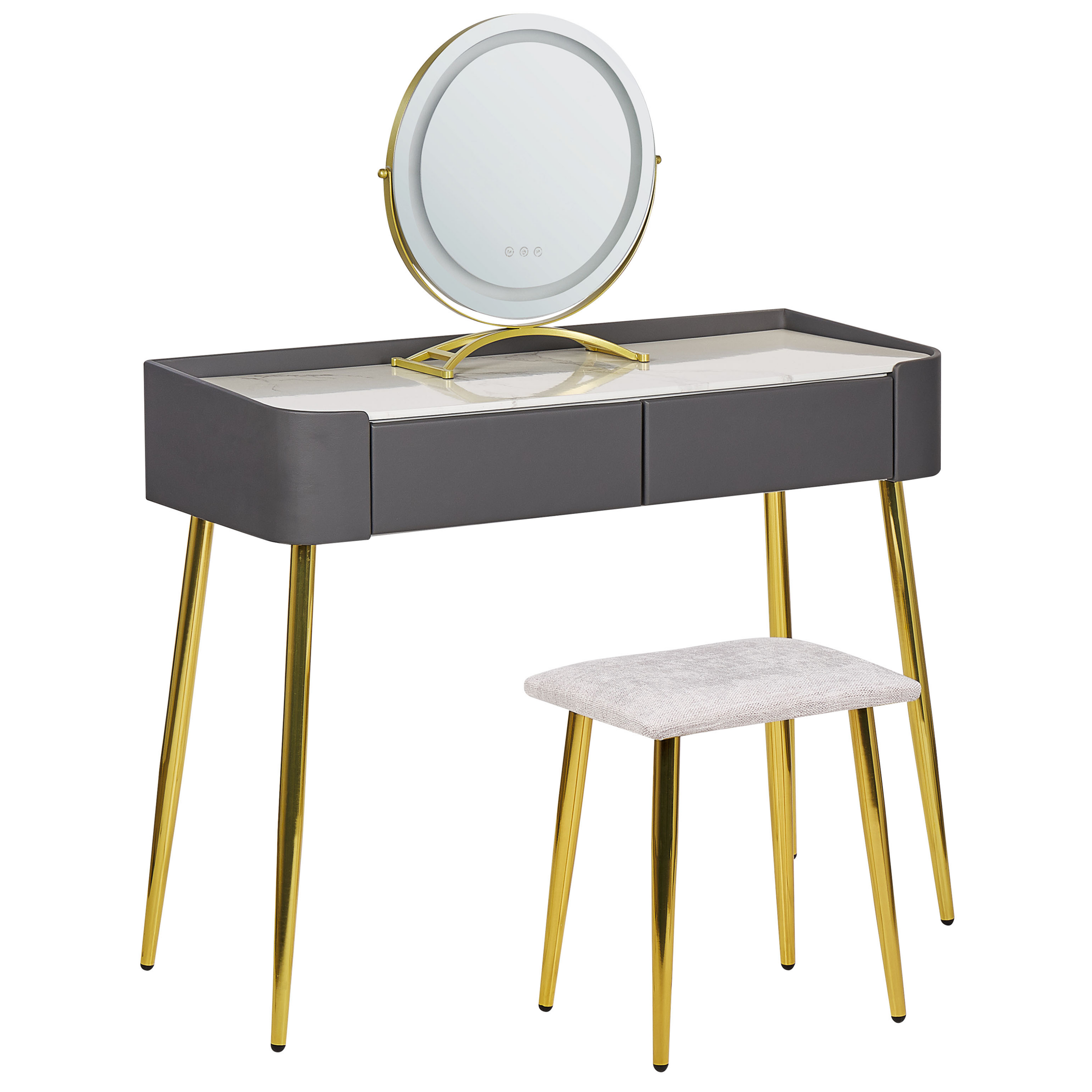 Kaptafel met LED spiegel en kruk grijs/goud SURIN
