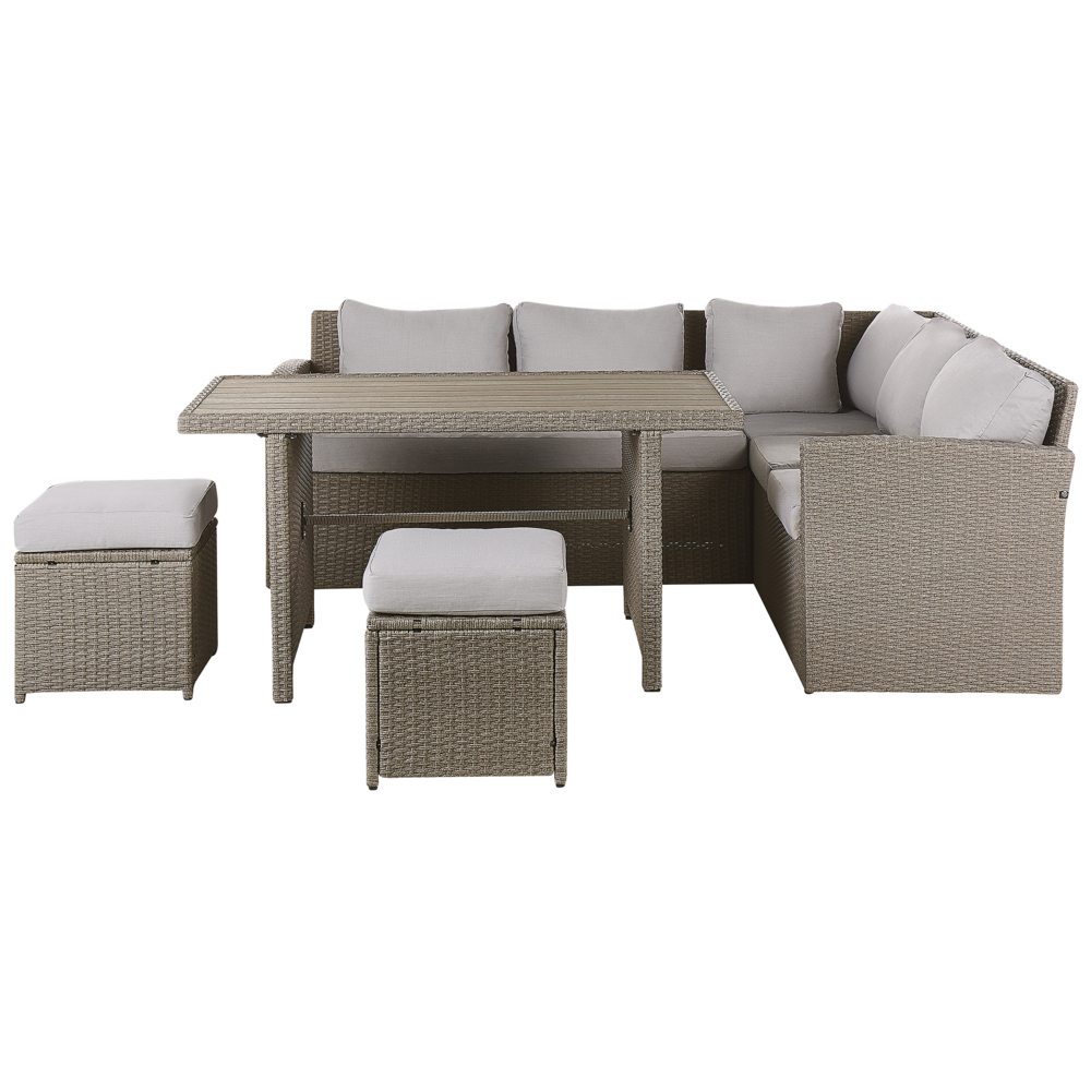 Image of Divano ad angolo da giardino Set grigio Rattan Sintetico Taupe Cuscini Divano a 5 posti Tavolo 2 ottomani Set da pranzo all&#39;aperto