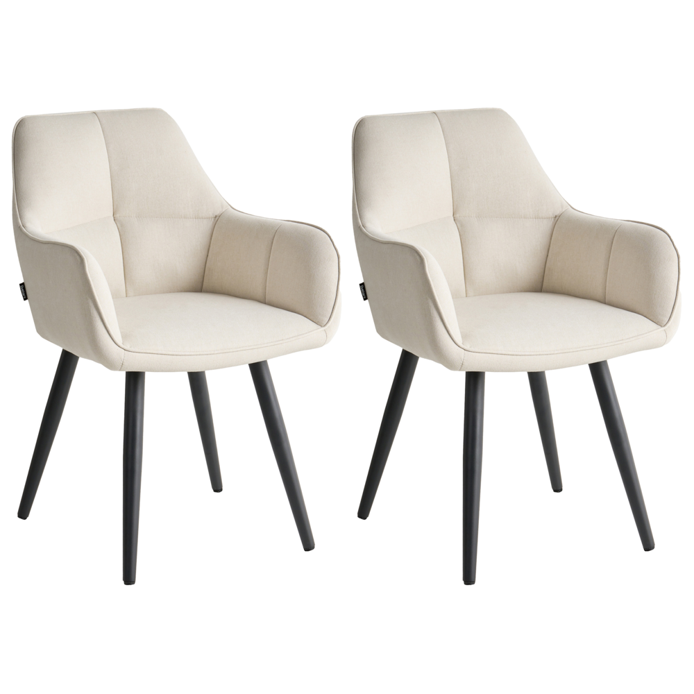 Set di 2 sedie da pranzo imbottite con braccioli, rivestimento in finto lino beige chiaro, base in metallo, design moderno