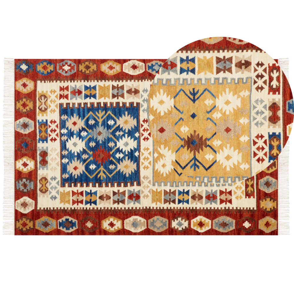 Image of Tappeto kilim in lana multicolore fatto a mano motivo orientale 200 x 300 cm nappe soggiorno camera da letto
