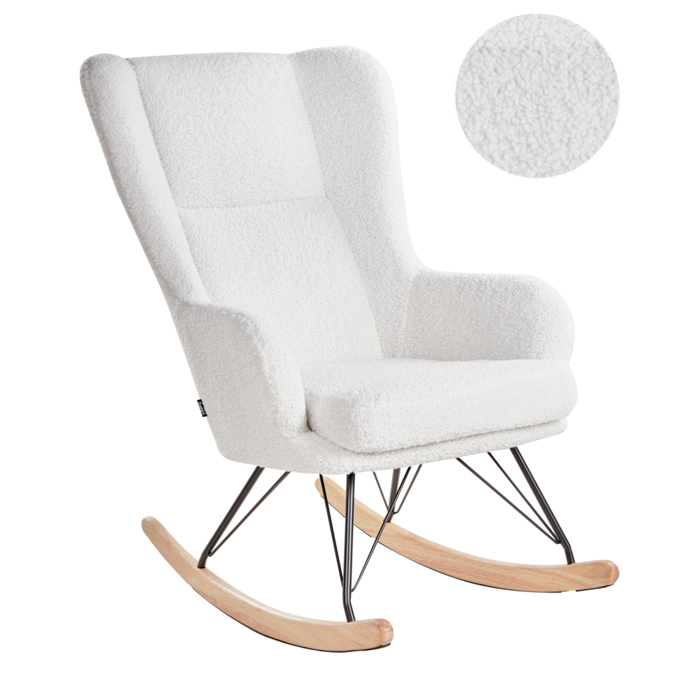 Sedia a dondolo Rivestimento in bouclé bianco sporco Gambe nere in metallo con braccioli Schienale alto Soggiorno