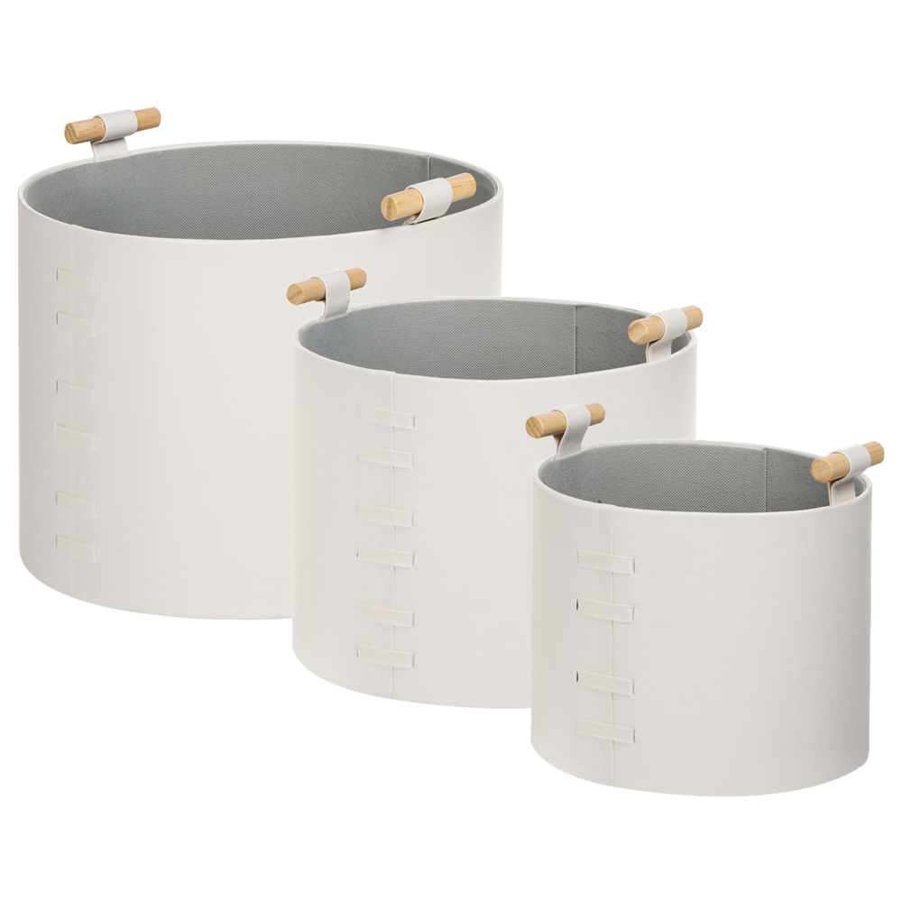 Image of Set di 3 cesti portaoggetti fatti a mano con manici in ecopelle bianco sporco