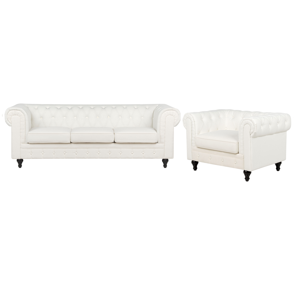 Image of Set soggiorno in tessuto bianco sporco gambe in legno scuro divano a 3 posti e poltrona contemporanea