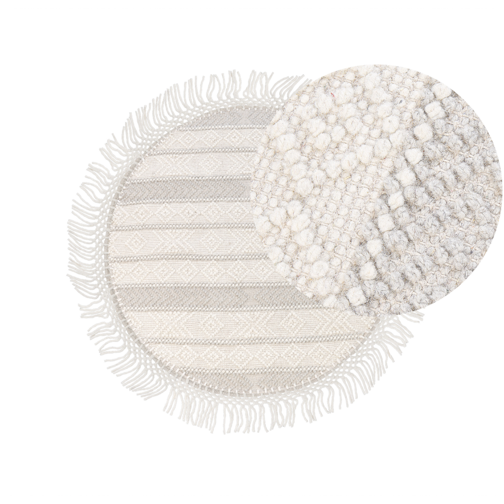 Image of Tappeto Beige Lana Poliestere ⌀ 140 cm Tessuto a mano a trama piatta con frange Motivo geometrico