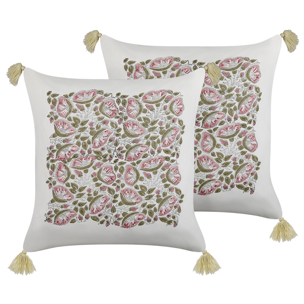 Image of Set di 2 cuscini decorativi cotone multicolore 45 x 45 cm motivo floreale nappe fatto a mano rivestimento sfoderabile con imbottitura boho style