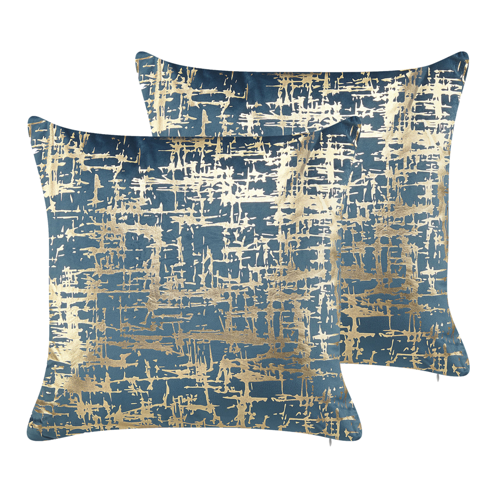 Image of Set di 2 cuscini decorativi in poliestere blu e dorato effetto craquelé 45 x 45 cm motivo stampato in lamina