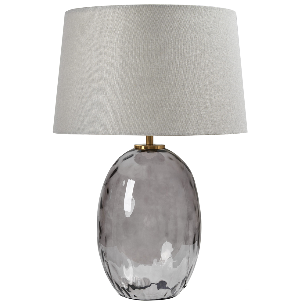 Image of Lampada da tavolo Base in vetro fumé trasparente e grigio Paralume a tamburo in tessuto Design moderno